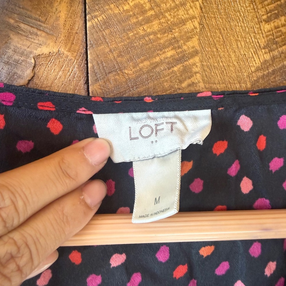 LOFT Blouse Womens Medium Black Pink Orange Halloween Ruffle Dot Sleeveless Top - Picture 3 of 7